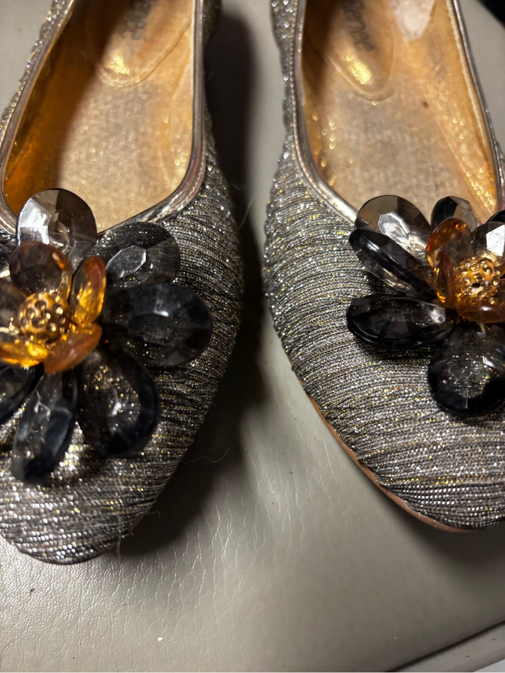 J.Renee Silver Glitter Ballet Flats with Amber and Smoky Flower Gems